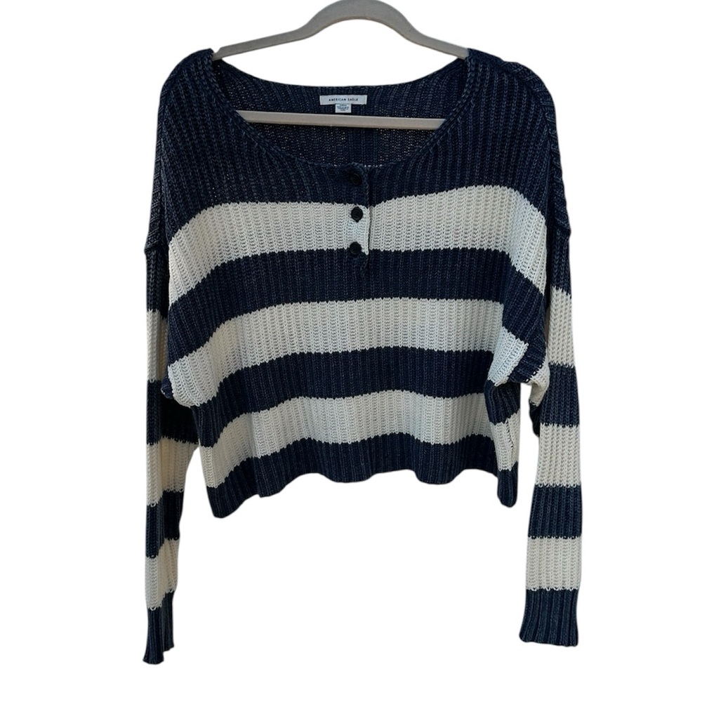 American Eagle Outfitters Navy/White Striped Crop Henley Sweater-back to school